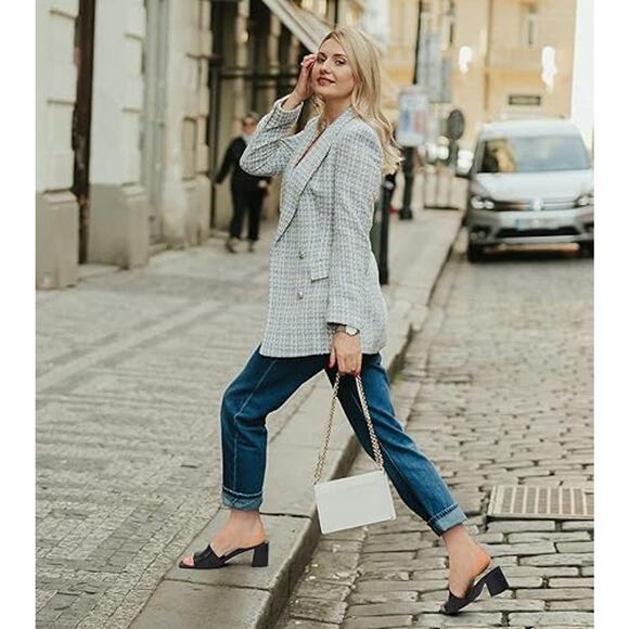 New Pizz Annu Womens 7 Black Faux Leather Open Toe 2.5" Block Heel Shoes w Flaw - Picture 5 of 6